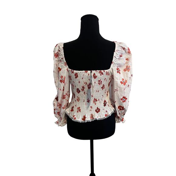 NWT Zara Linen Blend Floral Print Ruched Cream Print Blouse xs - Picture 6 of 12